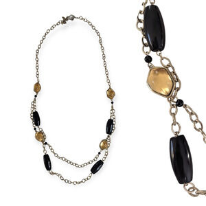 Chico's 2-Strand Chain Necklace with  golden cabochons and black barrel beads